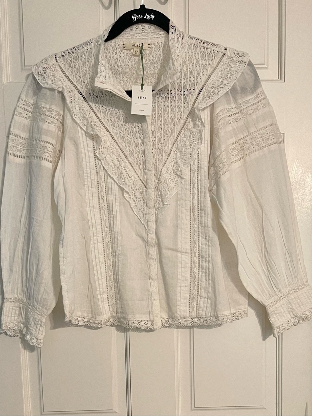 American Eagle Outfitters White Victorian Lace-Trim Blouse